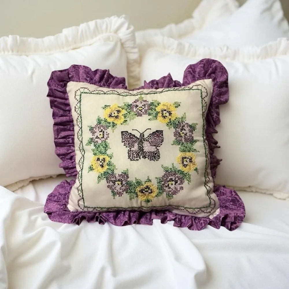 Janlynn Complete Pansy And Butterfly Needlepoint Pillow Botanical Purple‎ Ruffle